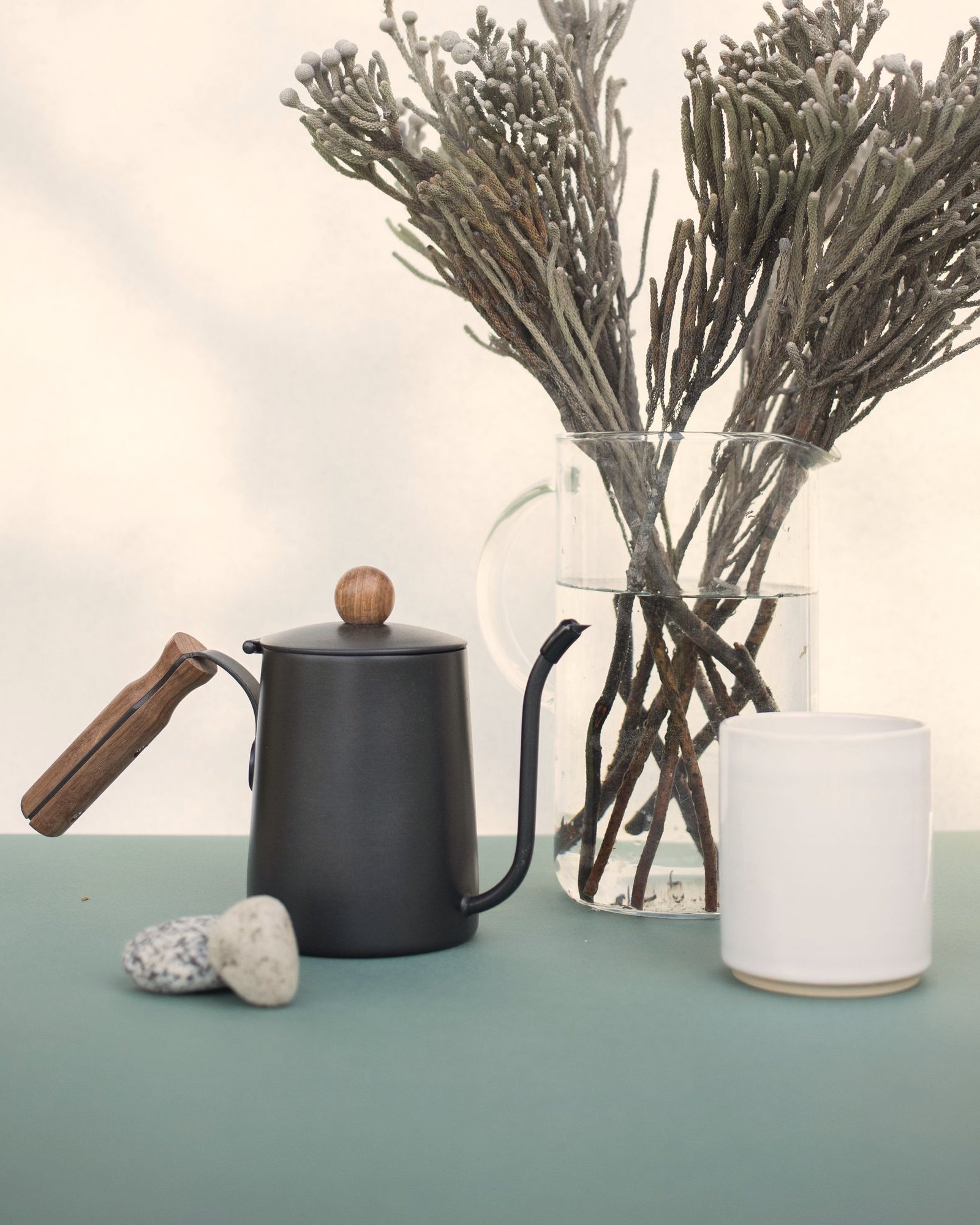 Jarra negra mate de cuello de cisne, con mango de madera, junto a ramas secas y una taza blanca